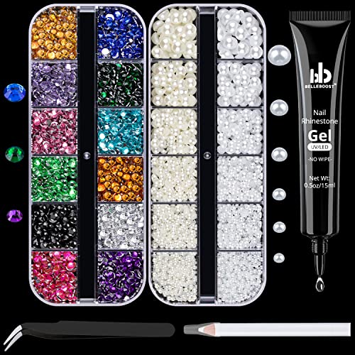 BELLEBOOST Nail Art Rhinestone Glue Gel&2 Boxes Flatback Gems Kit, 1 Tube of 15ml Rhinestone Gel Glue(UV/LED Needed)+Colorful Gems+Flat-Back Half Round White&Beige Pearls with Pickup Tools - color: A09-Multicolor+ White&Beige Pearls
