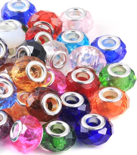 Large Hole Glass Beads Murano Glass Beads for Jewelry Making Assorted Faceted European Lampwork Loose Spacer Beads Silver Plated Cores Charms Bracelet for DIY Crafts Mixed 50pcs