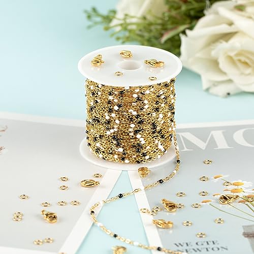 UMAOKANG 10 Meters White Black Enamel Bead Chain for Jewelry Making Gold Plated Stainless Steel Cable Chains for Necklace DIY - color: Gold-Black White Enamel