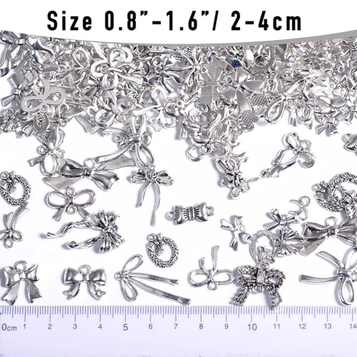 stino 100 Gram Metal Charms for Jewelry Making, Silver & Gold Plated, Bulk Pack for Bracelets, Necklaces, Crafts - color: Bow (Silver Tone 200gram)