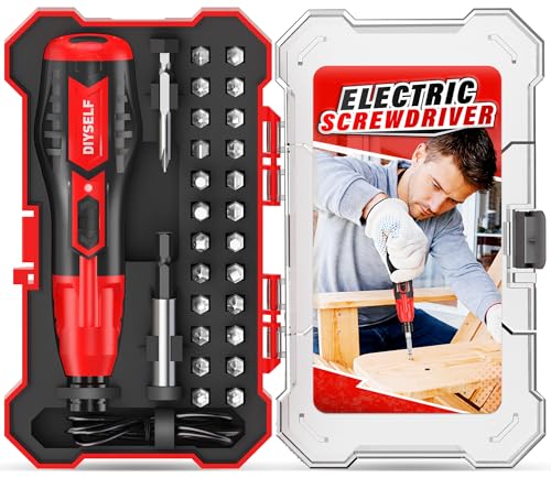 DIYSELF Power Screwdriver, 3.7V Screwdriver with LED, Includes 25 Bits, USB Charging Cable, Mini Precision Electric Screwdriver Cordless Rechargeable Set for Electronics, Gift for Men Dad Husband - color: Red