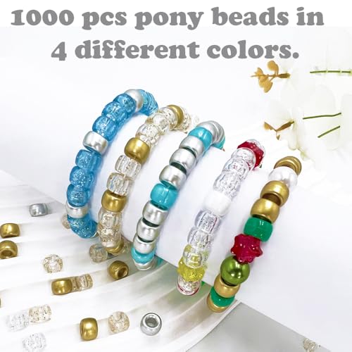 MIIIM 1000PCS 6x9mm Golden and Silver Pony Beads Bulk, 4 Styles Golden Silver and Glitter Kandi Beads for Bracelets Making Kit, Hair Braids Crafts for Jewelry Making (Golden and Silver) - color: Golden and Silver