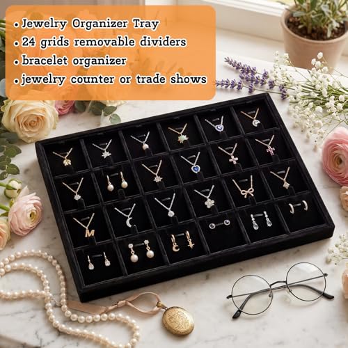 2 Pcs 24 Grid Stackable Jewelry Organizer Tray with Removable Dividers Ice Velvet Jewelry Display Showcase Tray for Necklace Earring Ring Bracelet Holder (Black Velvet) - color: Black Velvet
