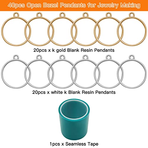 40pcs Hollow Mold Resin Pendants - Open Bezel Geometric Pressed Flower Frame for Jewelry Making, DIY Resin Crafts (K Gold, White K) - color: K Gold,White K;Round;40pcs