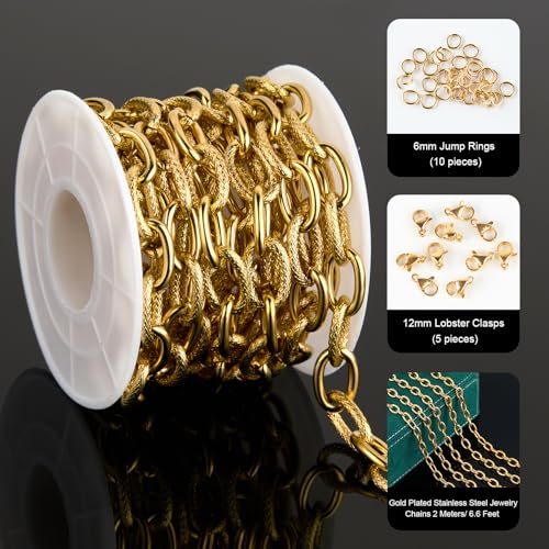 UMAOKANG 2 Yard Gold Plated Chains for Jewelry Making Stainless Steel Oval Chain on Spool Jewelry Making Chains Bulk - color: Oval (Gold)
