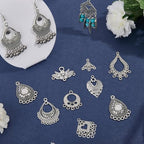 60Pcs 15 Styles Earring Chandelier Charms Filigree Charm Pendant Links Tibetan Antique Silver Vintage Hollow Teardrop Metal Earring Component Connectors Loops for Jewelry Making Findings