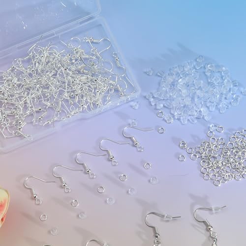 TOAOB 300pcs Earring Hooks Kits Silver French Ear Wires with Ball and Coil 18mm Fish Hook Earring Making Supplies with Jump Rings and Clear Silicone Ear Backs for DIY Jewelry Findings - color: Silver