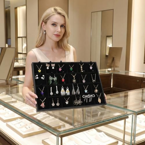 2-Pack 24 Grids Stackable Jewelry Tray Organizers with Removable Dividers – Velvet-Lined Display Trays for Earrings, Necklaces, Bracelets, Rings – Black