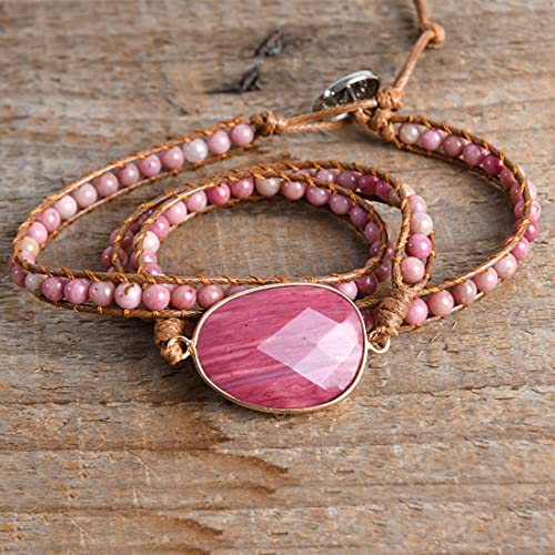 YGLINE Women Boho Handmade Natural Stone Crystal Leather Bead Wrap Bracelets Collection - color: Rhodochrosite-3w