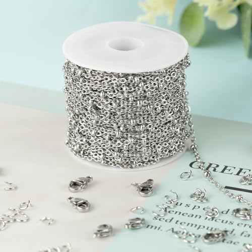 Kyutong Dainty Beaded Chain for Jewelry Making Silver Cable Chain Spool 304 Stainless Steel Chains Link for Women Men Making Jewelry Craft Finding Supplies - color: Cross Bead Silver