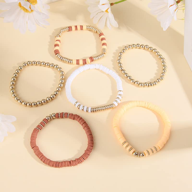 5-7PCS Surfer Colorful Clay Beads Stretch Bracelets Bohemian Stackable Gold Beads Vinyl Disc Elastic Bracelets Multilayer Summer Beach Jewelry Set - color: G-Brown