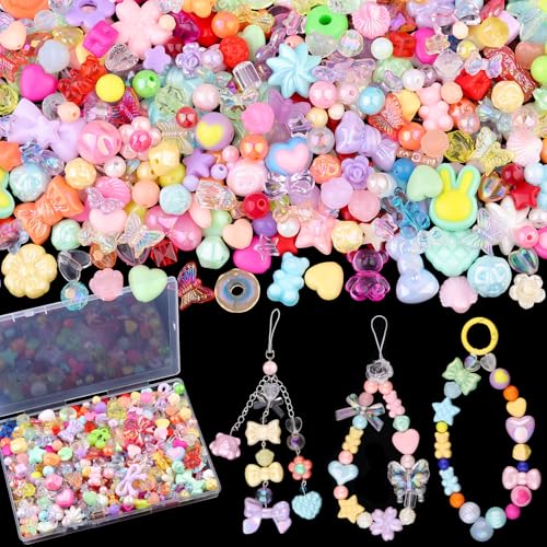 200-260PCS TINKRSTUFF Assorted Acrylic Beads Colorful Cute Beads for Bracelet Making,Bow Aesthetic Flower Butterfly GummyBear Round Kawaii Charms for Jewelry Necklace Making DIY Keychain Phone Charm - color: Mixed Colors-150g