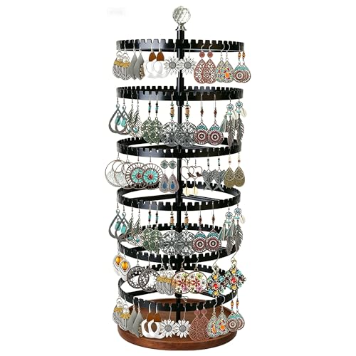 6-story rotating earring rack storage rack, adjustable plastic pendant display rack, 348 grooves on the tree band, large circular storage tower, black wooden disc design - color: B Black