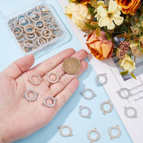 60pcs 14k Gold Connectors Charm Alloy Connector Charm 0.9 Inch Flat Round Link Charm Crystal Rhinestone Connector with Double Loops for Bracelet Earring Jewellery Making