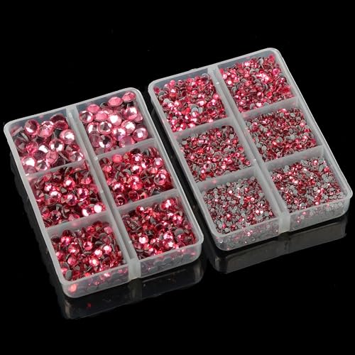 10000Pcs 2-Boxes Mixed Size Hot Fix Round Crystals Gems Glass Stones Hotfix Flat Back Rhinestones with Tweezers and Picking Pencil (Fuchsia) - color: Fuchsia, size: 2-Box (10000pcs)