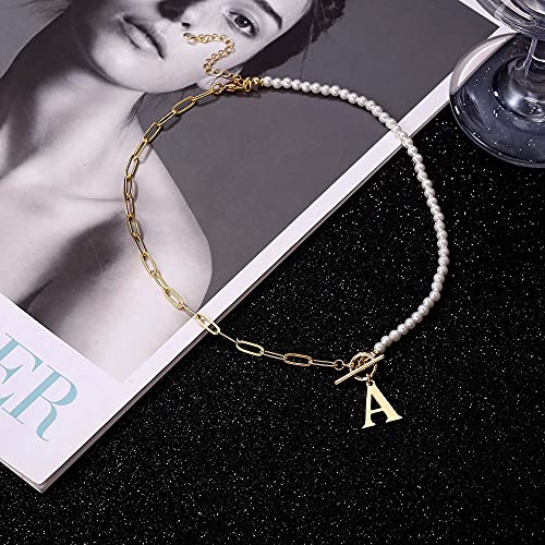 Yoosteel Pearl Initial Necklace for Women, Dainty Pearl Chain Choker Initial Necklaces for Women Toggle Clasp Paperclip Link Chain Necklace Jewelry Gifts - color: Gold, style: G