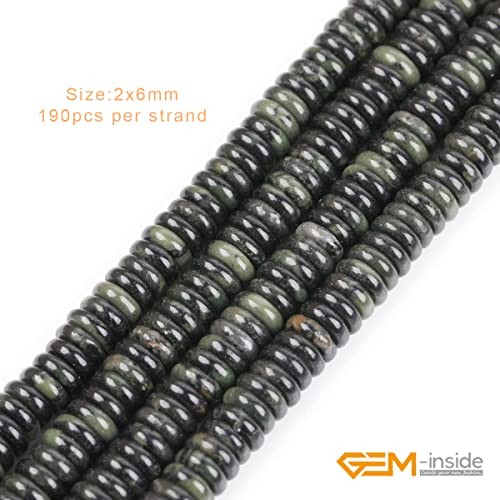 GEM-Inside 2x6mm Natural Dark Green Canada Jadeite Jade Semi-Gemstone Heishi Disc Rondelle Spacer Beads for Jewelry Making Full 15" Strand Energy Stone Healing Power Crystal - color: Dark Green Canada Jadeite