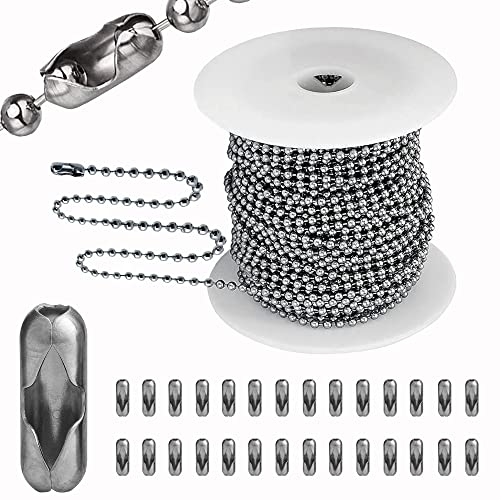 55ft Ball Bead Chain, 3.5mm Stainless Steel with 100 Connectors Clasps, Bulk Necklace for Jewelry Making, Dog Tag, Military Keychain - color: 3.5mm-55FT & 100pcs connectors