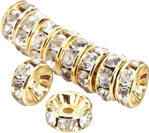 Allb 100Pcs Rondelle Spacer Beads 4mm Silver Plated Czech Crystal Rhinestone for Jewelry Making Loose Beads for Bracelets - color: gold, size: 4mm
