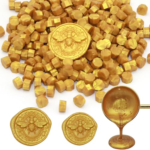 250pcs Wax Seal Beads Royal Gold, Andotopee Premium Sealing Wax Beads for Stamp Seals, Octagon Metallic Seal Stamp Pellets Refill Pack for Wedding Invitation, Letter Envelope, Scrapbook DIY Crafts - color: Classic Gold
