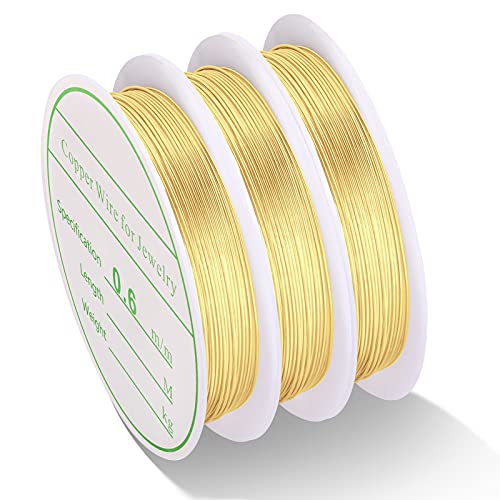 3 Pack Jewelry Wire - 22 Gauge Tarnish Resistant Copper Beading Wire for Jewelry Making, 0.6mm X 4m Each (Gold)
