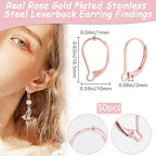 Beebeecraft 1 Box 50Pcs French Earring Hooks 304 Stainless Steel Rose Gold Hypoallergenic Dangle Leverback Earring Findings 16.5x10mm for Earrings DIY Jewelry Making - color: 16x10mm Rose Gold