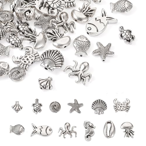 Fashewelry 60pcs Ocean Animal Tibetan Loose Spacer Beads Turtle Shell Fish Antique Silver Sea Life Creatures Alloy Western Beads for Necklace Bracelet Earring Craft Jewelry Making Supplies - color: Antique Silver, 12 Styles