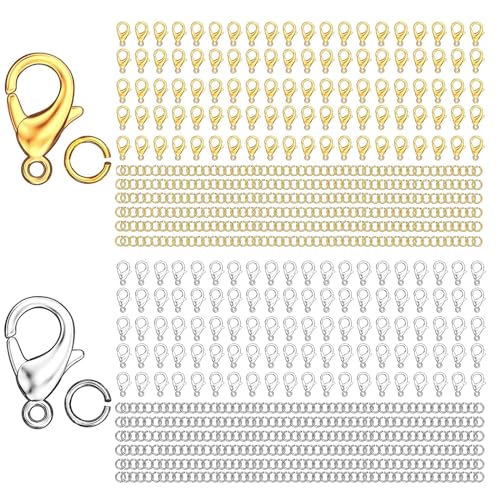 MKCYD 700Pcs Lobster Claw Clasps and Open Jump Rings Set, 14K Gold and Silver Necklace Clasps and Closures Lobster Parrot Trigger Clasp for Jewelry Making - color: Gold & Silver