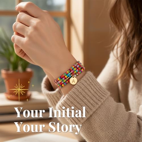 Set of 4 Colorful Bead Initial Bracelets, Personalized Stackable Jewelry, Adjustable Stretchy Charm Bracelets for Women, Beaded Bracelet Set, Trendy Custom Jewelry Gift - style: Colorful Bead - A