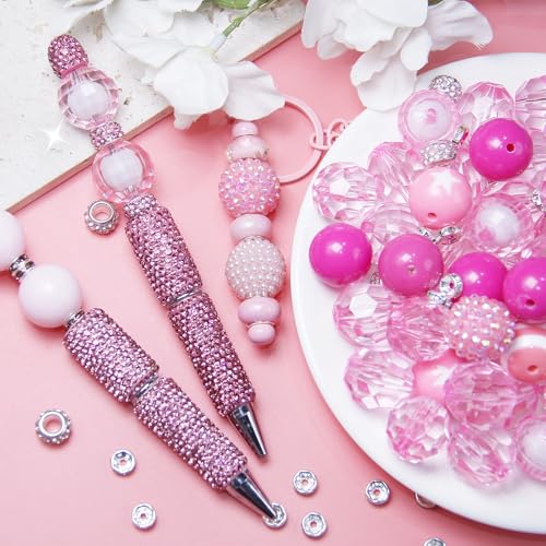 106Pcs 20mm Beads for Pens Making with Rondelle Spacer Beads Pink Acrylic Focal Bubblegum Bead Crystal Round Sparkly Chunky Bead for Pens Beadable Keychain Necklace DIY Craft Jewelry Making Supplies - color: Pink