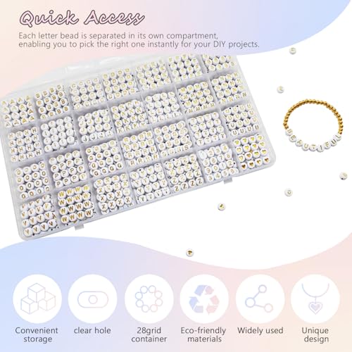 Looconi 1400pcs Letter Beads Gold Alphabet A-Z and Number Heart Beads 7x4mm White Acrylic for Jewelry Making Bracelet - color: Gold-Star