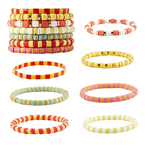 Ornaland 7Pcs Handmade Polymer Clay Heishi Surfer Stretch Bracelets Set Colorful Glass Beads Bracelets Boho Stackable Preppy Bracelets Wrist Jewelry for Women - color: orange yellow