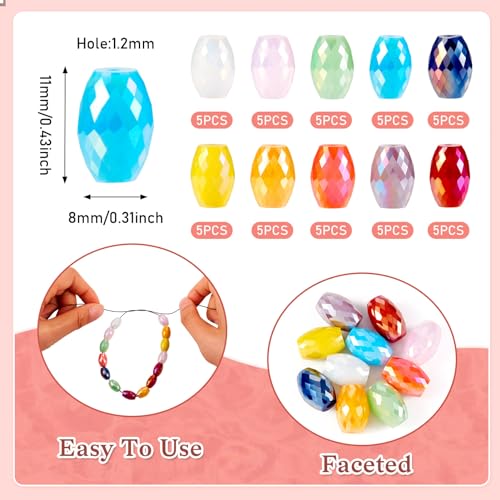 50Pcs Faceted Glass Oval Beads 11x8mm Crystal Column Suncatcher Beads Oval Shaped Kandi Beads Spacers for Crafts DIY Wind Chimes Jewelry Making Supplies - color: 10 Colors, Opaque