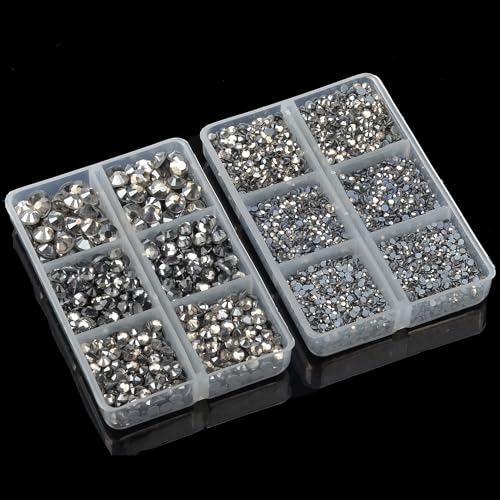 10000Pcs 2-Boxes Mixed Size Hot Fix Round Crystals Gems Glass Stones Hotfix Flat Back Rhinestones with Tweezers and Picking Pencil (Black Diamond) - color: Black Diamond, size: 2-Box (10000pcs)