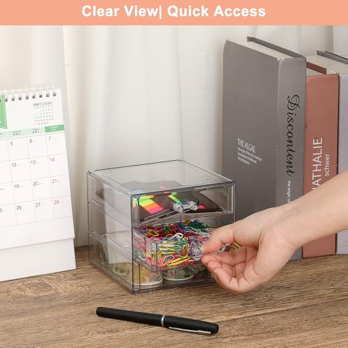 BTSKY Clear Acrylic Storage Organizer with Drawers, 3-Layer Desktop Organizer for Office Essentials, Multi-Purpose Stackable Container for Bathroom Vanity, Desk Makeup Jewelry Container Storage Box - size: 3-layer