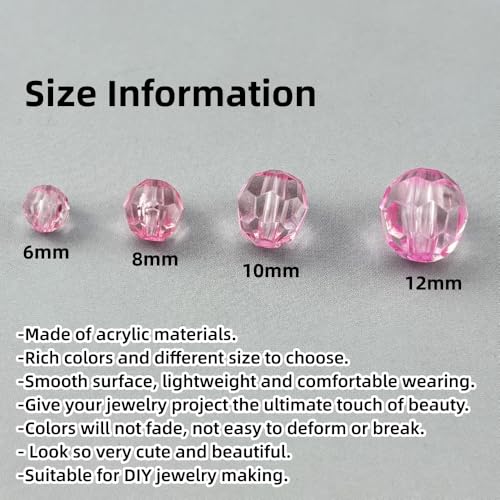 850pcs Acrylic Round Faceted Beads 6mm 8mm 10mm 12mm Faceted Round Spacer Beads for Bracelets Necklace Earring DIY Jewelry Making Craft(Pink) - color: Pink