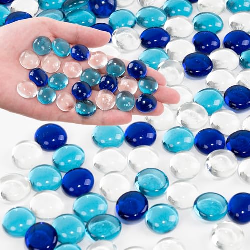 Blue Mixed Flat Glass Marbles, 0.97 lb Transparent Vase Filler Pebbles Gems, Decorative Glass Beads for Vases, Table Scatter, Crafts, Floral, Mancala Stones, Aquarium Rocks for Fish Tank - color: Blue Mixed