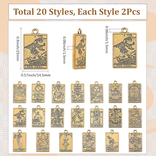 SUNNYCLUE 1 Box 40Pcs 20 Styles Tarot Card Charms Occult Charms Bulk Antique Gold Rectangle Metal Magic Divination Alloy Gothic Pendants for Jewelry Making Halloween Necklace Bracelet Earrings DIY - color: Antique Gold