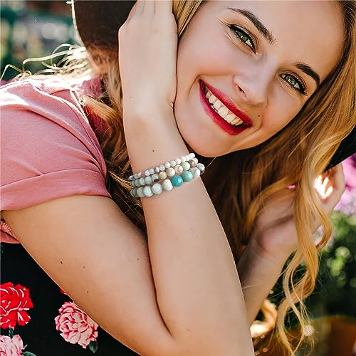 3 PCS Healing Crystal Bracelets for Women 8mm Natural Stone Beaded Stretch Bracelet Amethyst Jewelry Gifts - color: 4,6,8mm Amazonite