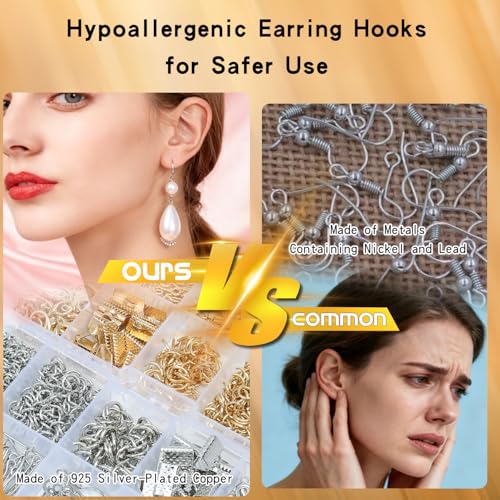 SONGIN Earring Making Kit, 1100 Pcs Jewellery Findings Earring Making Supplies Kit with Ear Hooks Posts Pins Open Jump Rings and 6 Styles Ear Backs (Silver) - color: Silver