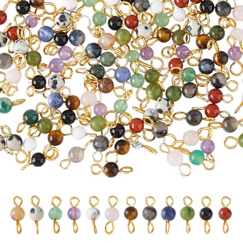 DICOSMETIC 120Pcs 12 Styles Gemstone Connector Charm 4mm Round Stone Link Charms Natural Quartz Crystal Charms Stone Pendants with Double Loops for DIY Bracelet Necklace Jewelry Making, Hole: 2.3mm