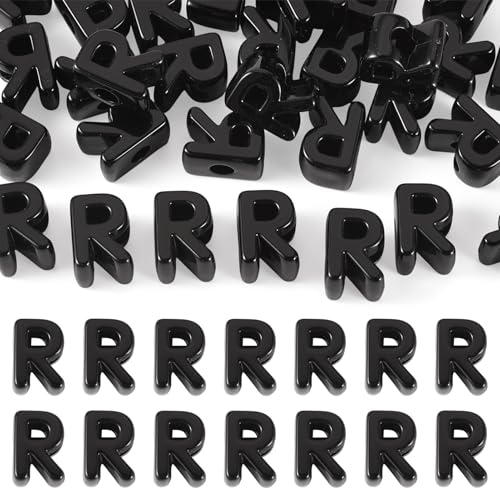 FASHEWELRY 30Pcs Acrylic Letter R Beads with Large Hole Big Plastic Letter Blocks European Beads 3D Letters Chunky Vowel Initial Alphabet Bead for Key Chains Necklace DIY Arts Craft Projects - color: Black, size: R