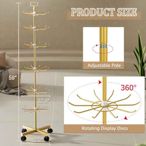 Retail Display Stand Store Display Rack 6 Tier Metal Spinning Display Stand Rack with Wheels Keychain Jewelry Stocking Hat Stand with Hooks for Malls, Showroom, Retail Store (6 Tier Gold) - color: 6 Tier Gold
