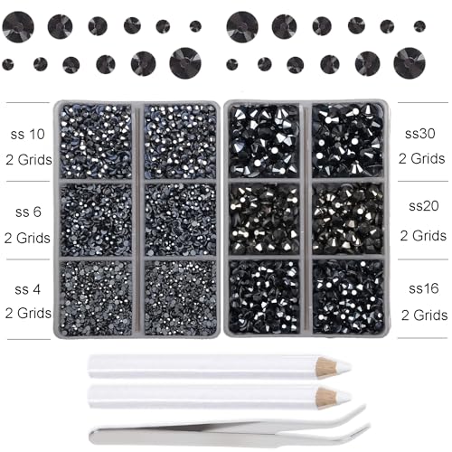 10000Pcs 2-Boxes Mixed Size Hot Fix Round Crystals Gems Glass Stones Hotfix Flat Back Rhinestones with Tweezers and Picking Pencil (Hematite Black) - color: Hematite Black, size: 2-Box (10000pcs)
