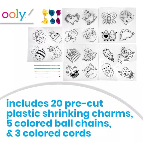 Ooly 28 PC DIY Shrinking Art Kit for Kids, 20 Plastic Pre Cut Charms and More, No Mess Creative Activity Jewelry Making Kit - Cute Crew - color: Cute Crew Charms