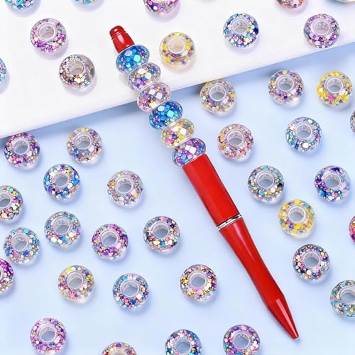PIPITREE 40PCS Acrylic Beads 9 * 14mm Focal Beads for Pens Acrylic Flat Bulk Sequin Bead AB Mixed Color 6mm Large Hole Bead for Keychains Beadable Pens DIY Crafts Jewelry Making & Gift Giving - color: Sequin