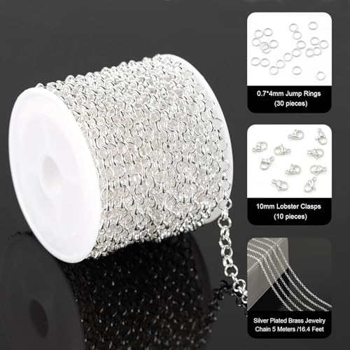 YOUBEIYEE 16.4 Feet Silver Plated Brass Jewelry Chain Roll Rolo Chain Necklace Bracelet DIY for Women Jewelry Supplies Findings - color: Rolo