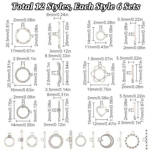 SUNNYCLUE 1 Box 12 Styles 72 Sets Ot Toggle Clasp Toggle Connectors Tibetan Style Alloy Metal Silver Moon Star Heart Flower Toggle Closure Bulk for Jewelry Making Friendship Bracelets Crafts Supplies - style: Style 3