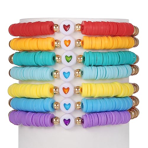 COLORFUL BLING 5-12Pcs Bohemian Love Heart Bead Bracelets for Women Vinyl Disc Heishi Surfer Stackable Stretch Bracelet Summer Beach Boho Jewelry - color: 7pcs pure