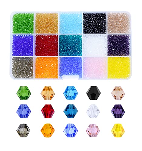 Mandala Crafts 2mm Bicone Crystal Glass Beads, 4500 Faceted Beads for Adult Jewelry Design, Fashion Accessories, and Decorative Applications - color: 15 Assorted Colors, size: 2mm Bicone
